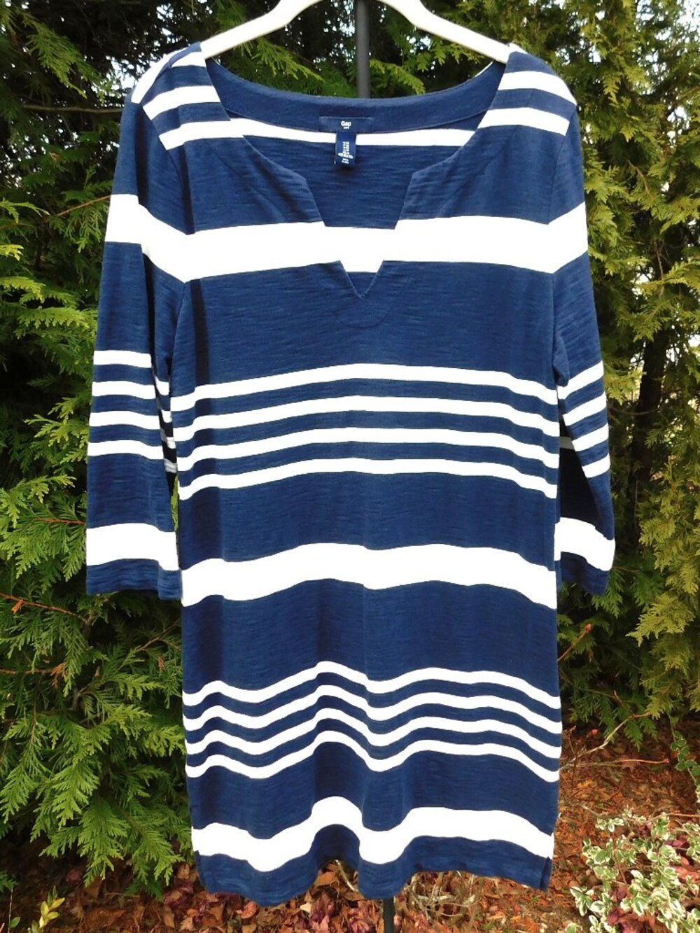 Gap Navy/White Stripe Split V-Neck Slub-Knit Dress with Side Slits